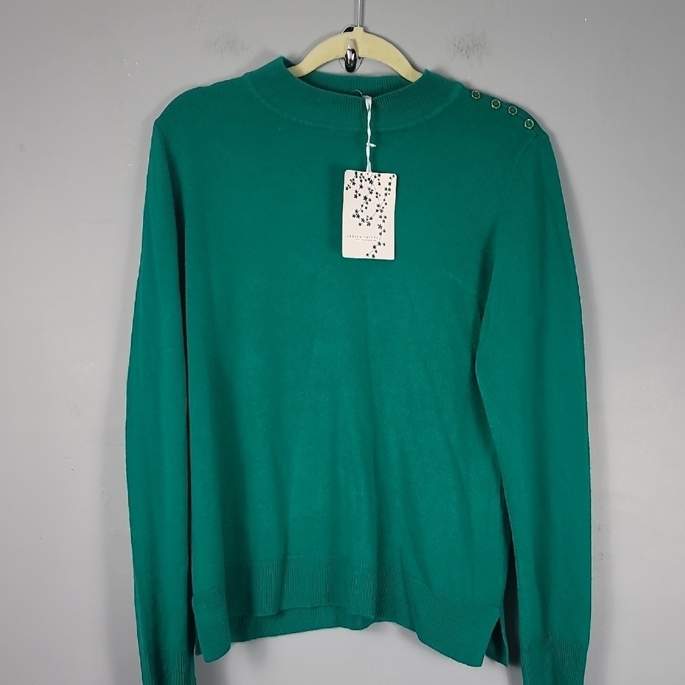 Carolyn Taylor Chic Pablo Pepper Green Button Mock Neck Sweater NEW